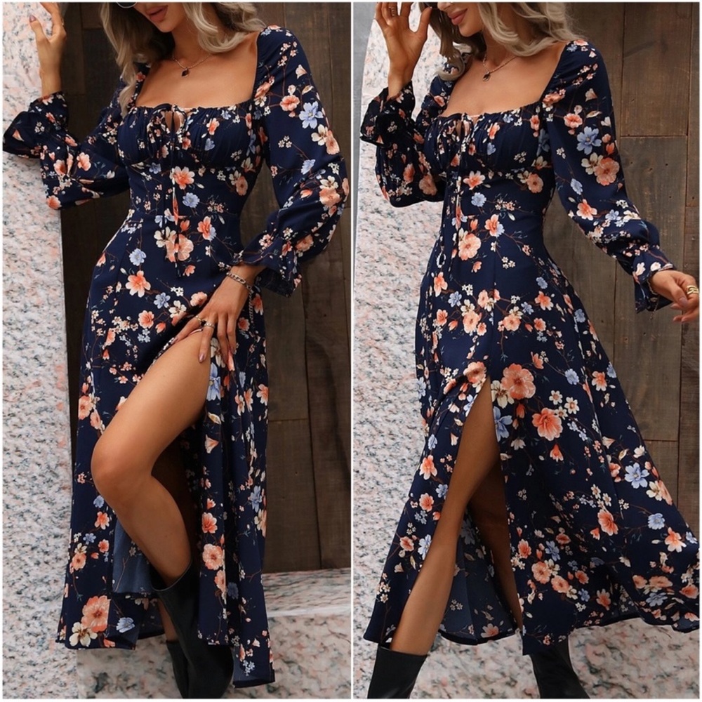 Boho Black Floral Print Ruffle Sleeve Maxi Dress S M L XL - Picture 3 of 3
